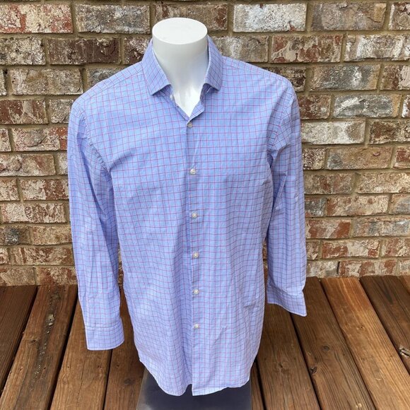 Hugo Boss Men's Checkered Sharp Fit Long Sleeve Blue & Red Shirt Size 17 - Picture 1 of 6